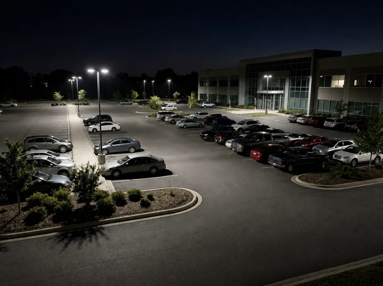 O mesmo estacionamento com estudo luminotécnico: iluminação uniforme nas vagas, calçadas e circulação