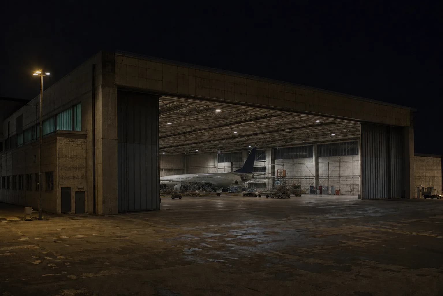 Hangar à noite com iluminação irregular, hot spots no teto e piso de manutenção em penumbra