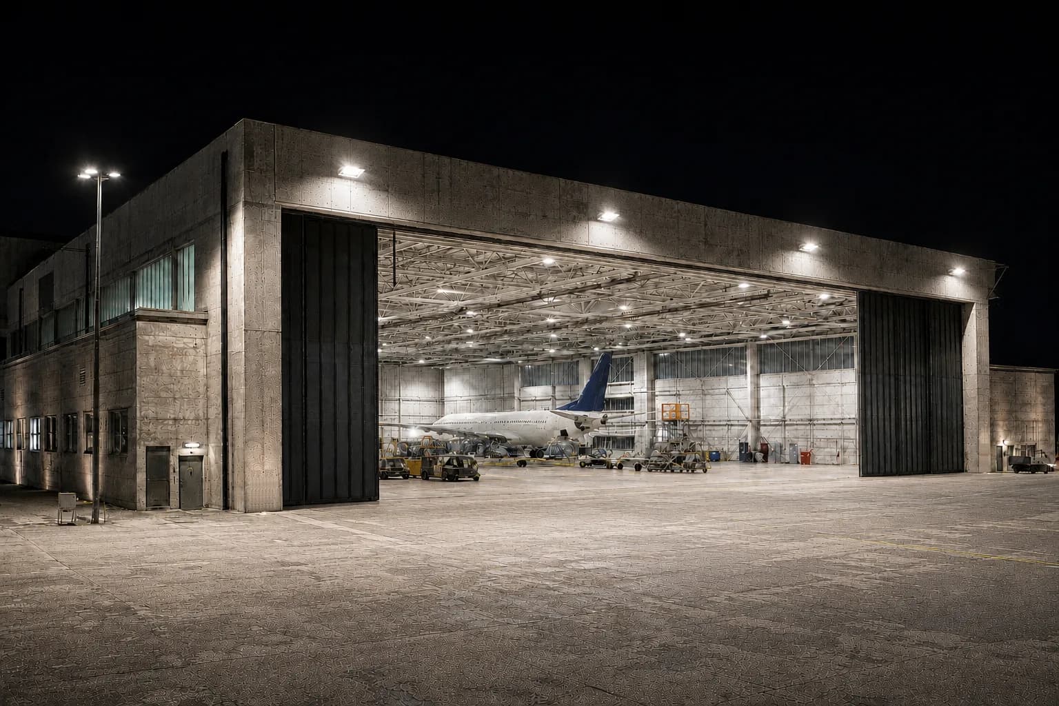 O mesmo hangar com estudo luminotécnico: luz uniforme no interior e no pátio, aeronave e equipamentos visíveis