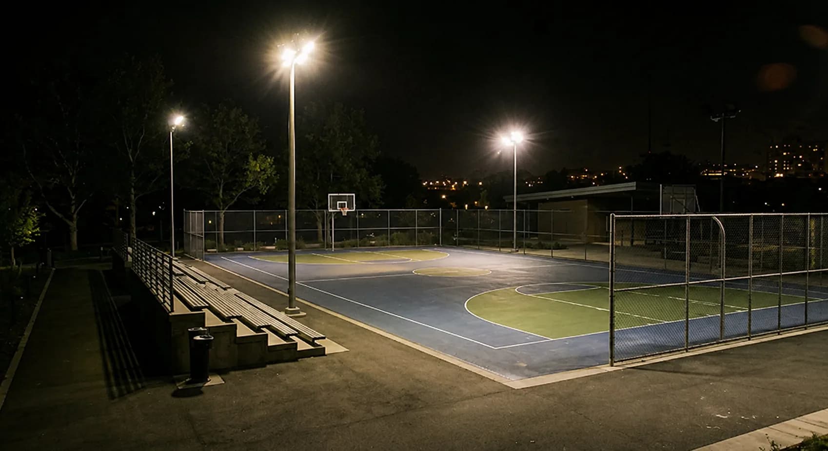 Quadra de esportes à noite com iluminação insuficiente, piso irregularmente iluminado e áreas em sombra