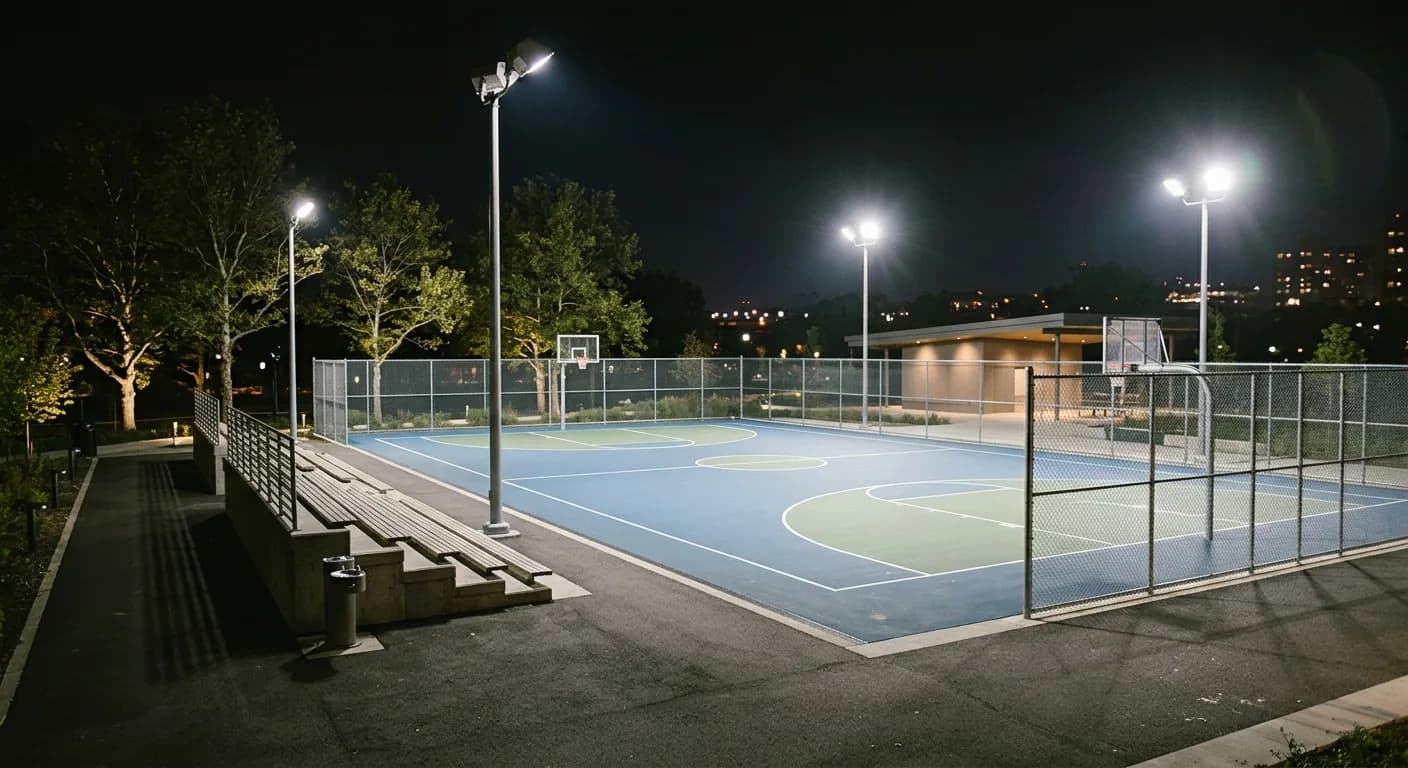 A mesma quadra de esportes com estudo luminotécnico: luz uniforme no piso de jogo e linhas visíveis