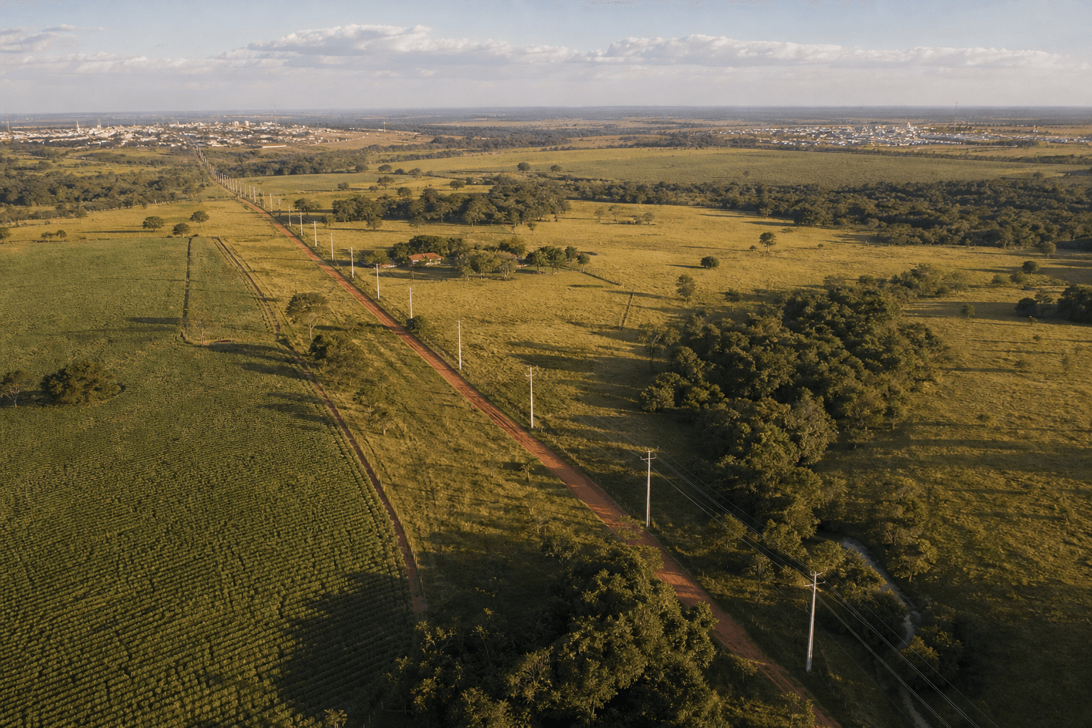 Imagem ilustrativa: corredor de subtransmissão com torres em área rural
