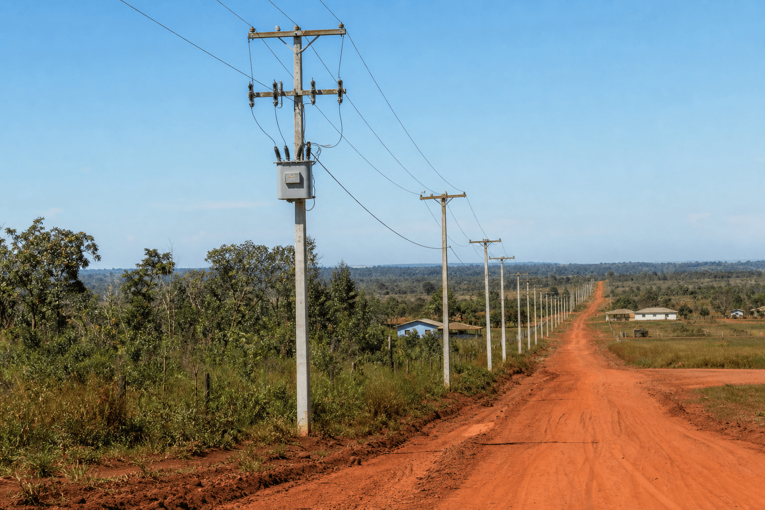 Imagem ilustrativa: rede elétrica rural com postes e transformadores em assentamento