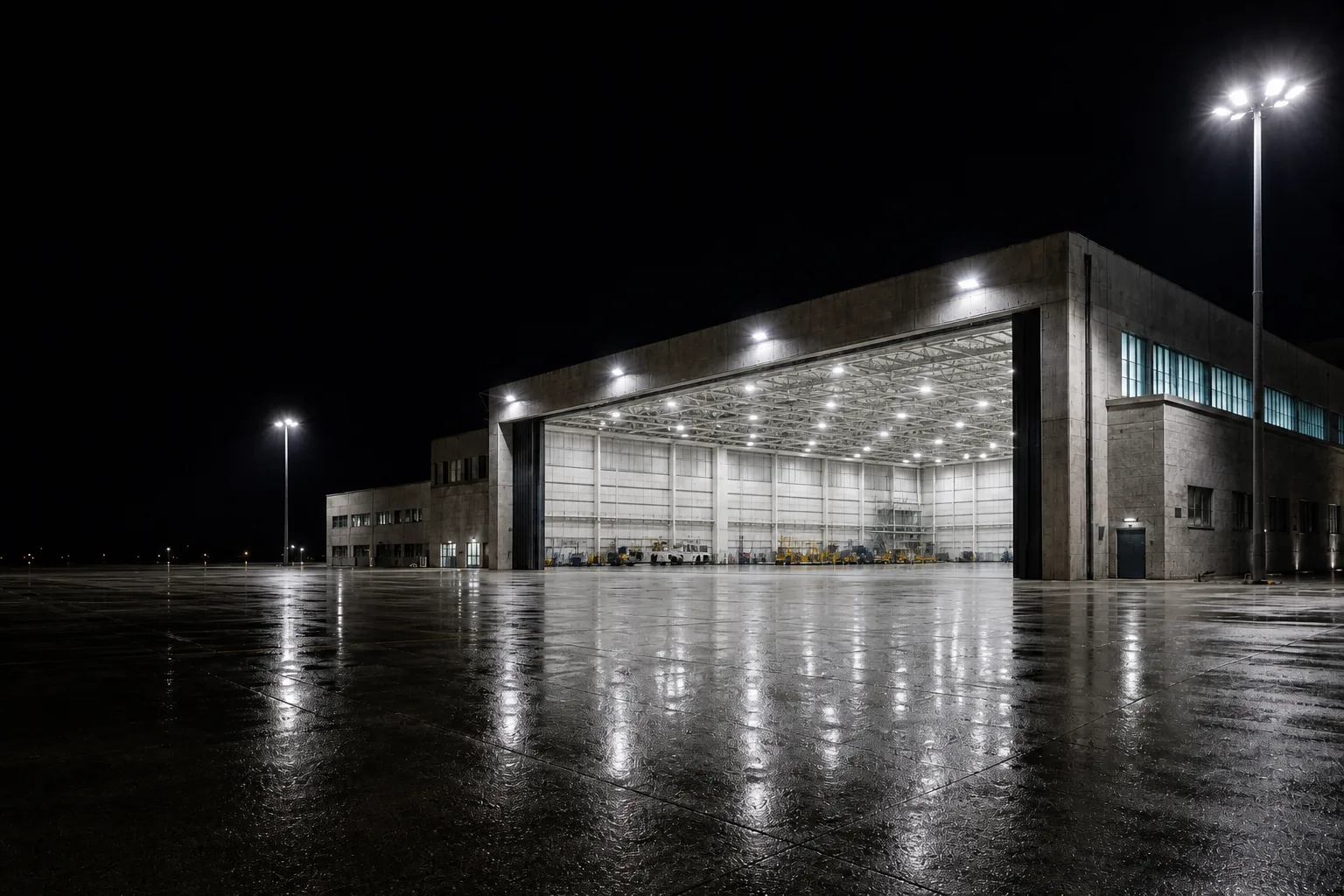 Hangar de aeronaves à noite com turboélice no interior, iluminação uniforme, holofotes no pátio e reflexo no piso